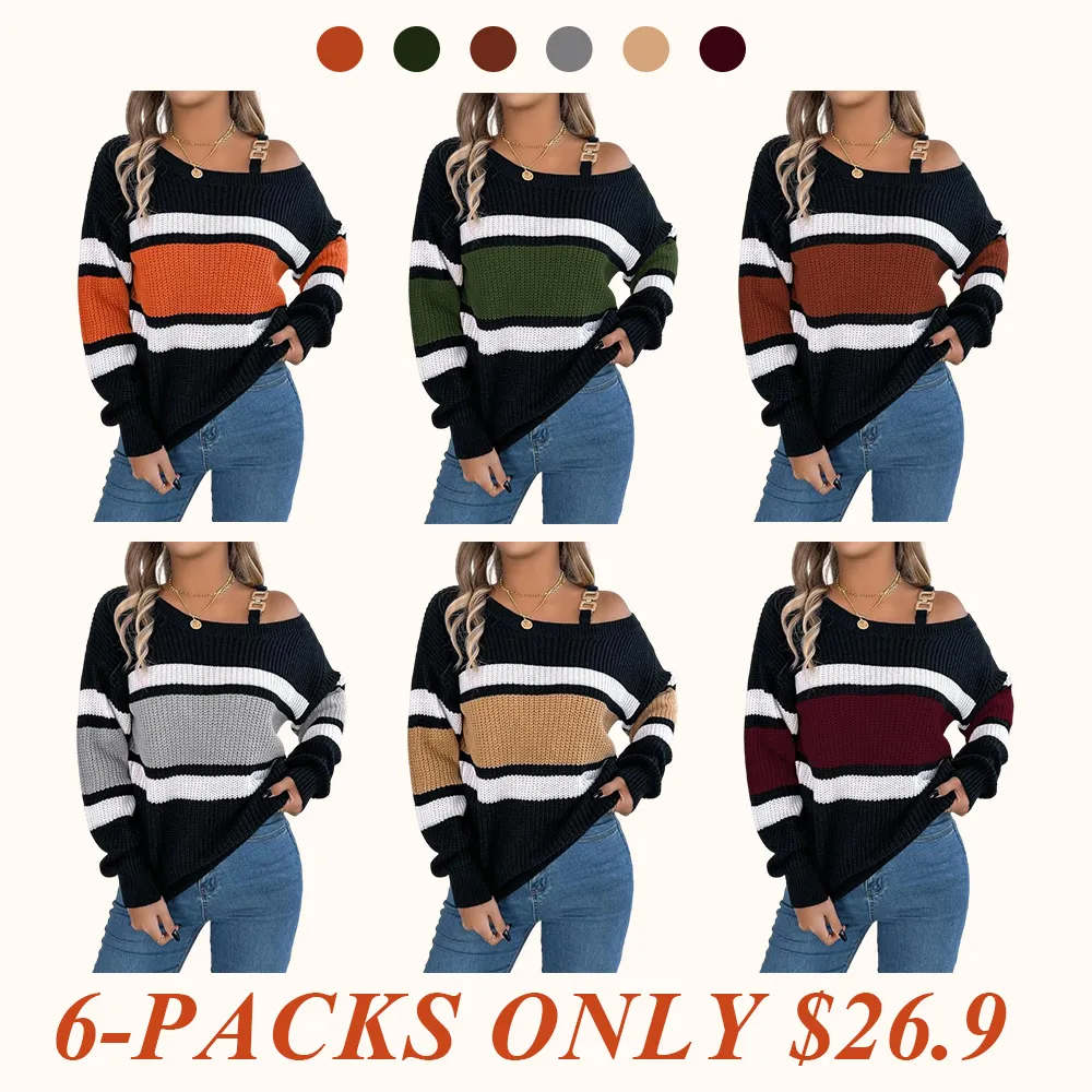 Women's Striped Print Asymmetrical Neck Buckle Decor Sweater