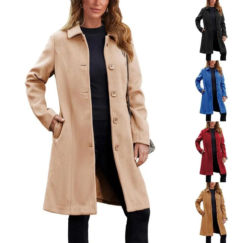Women's Faux Wool Peacoat Single Breasted Notched Collar Trench Coat