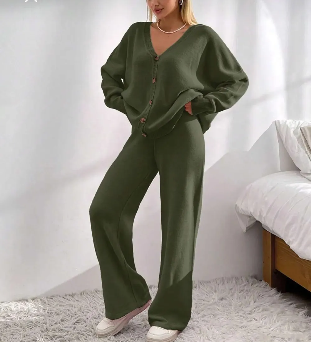 Women's Longsleeves  Cardigan & Wide Leg Pants Two-piece Set