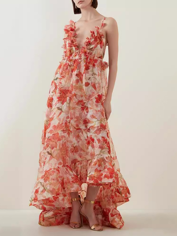 Flower Printed Sleeveless V-Neck Elegant Gauze Maxi Dresses