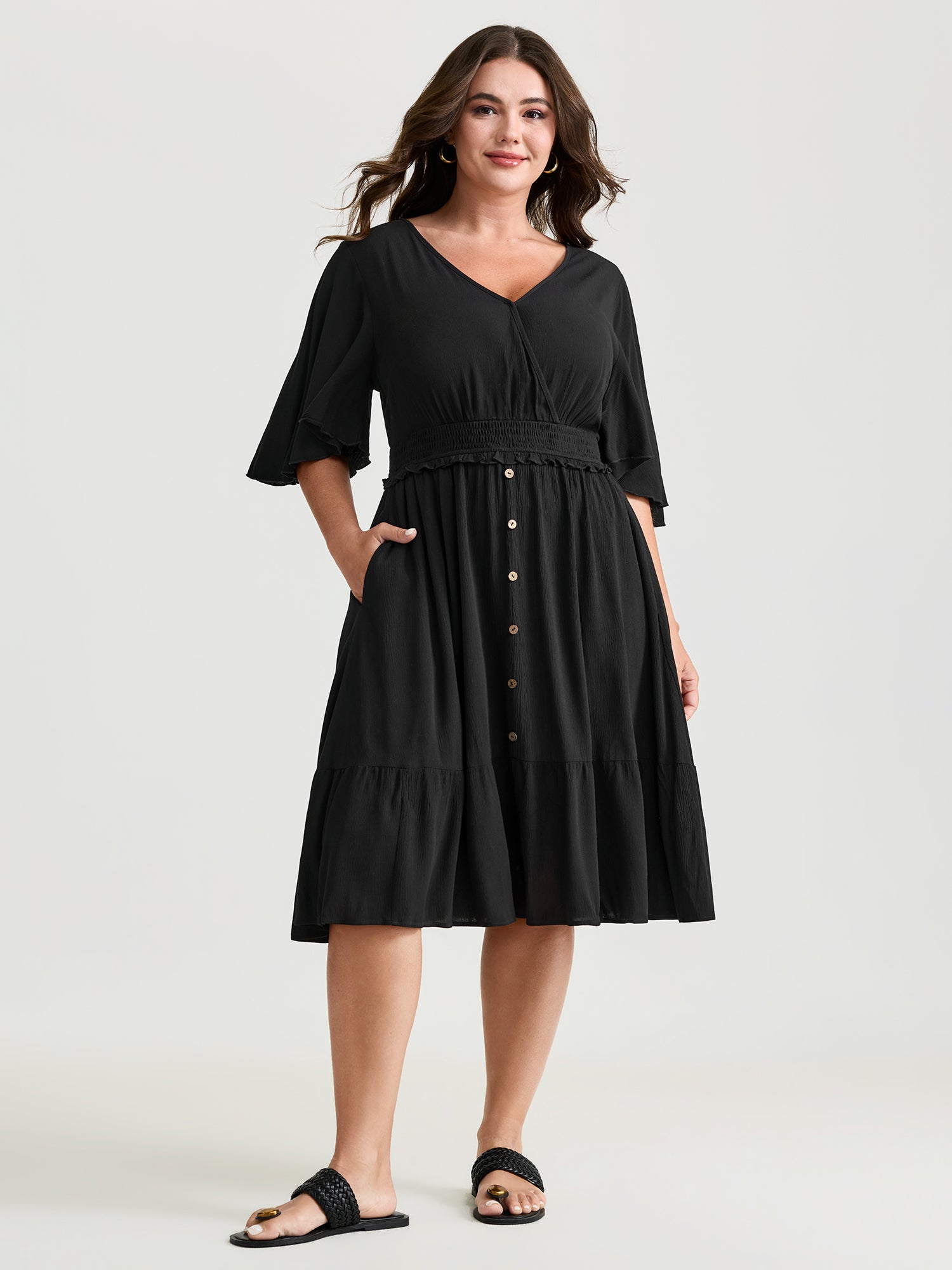 Crepe Shirred Ruffled Sleeve Mini Dress