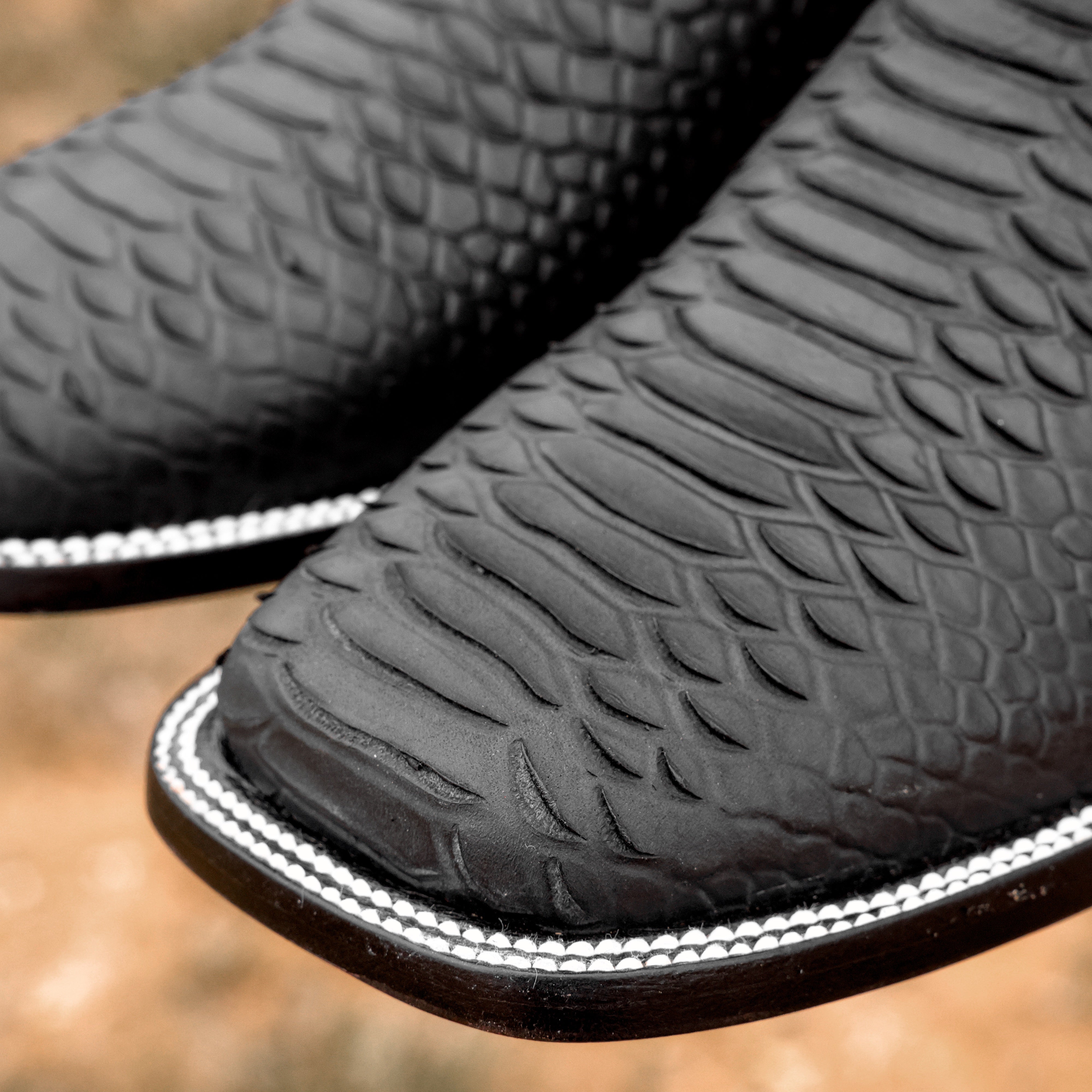 Matte Black Python Leather Boots - Square Toe