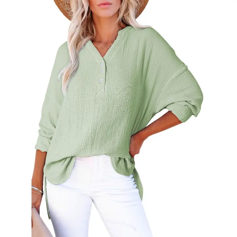 Women's Casual Button V Neck Long Sleeve Shirts Oversized Solid Blouses Tops