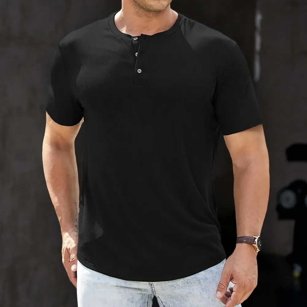 Men's solid color slim-fit Henley neck T-shirt