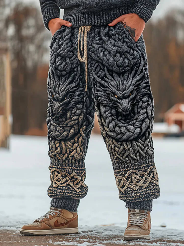 Men's Viking Dragon Celtic Knot Art Wide Leg Warm Knit Pants