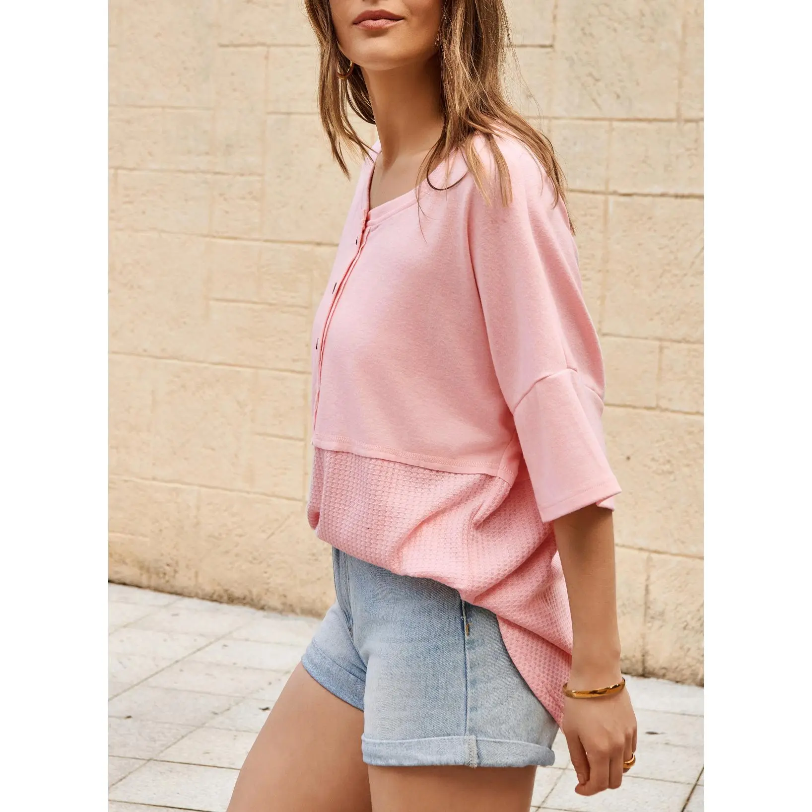 Women’s Waffle Knit Oversized Casual Blouse – 3/4 Sleeve