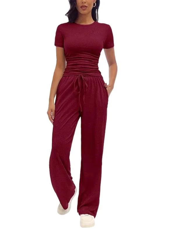 Women's Solid Round Neck Tee & Pants Loungewear
