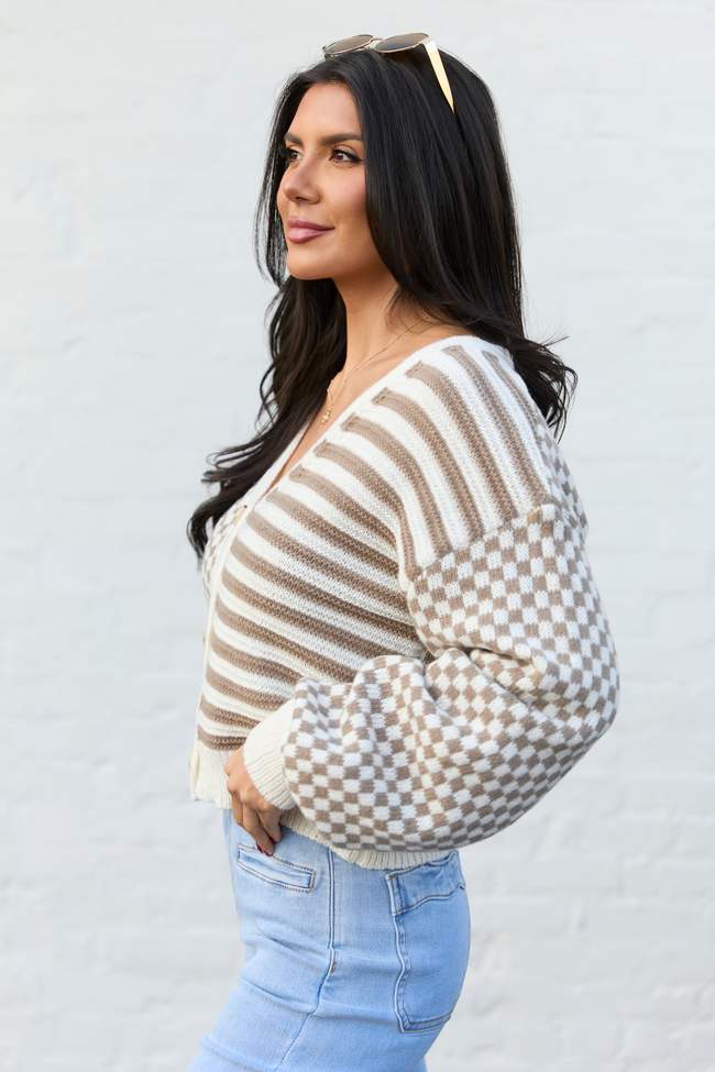 Samara Checkered And Stripes Brown And Cream Cardigan