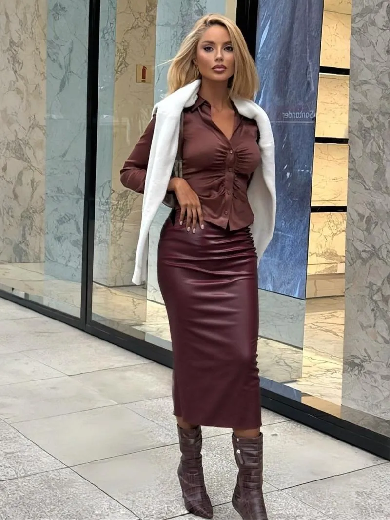 Women's Solid Color PU Leather Skirt, Fashionable Casual Skirt for Daily Outdoor Wear