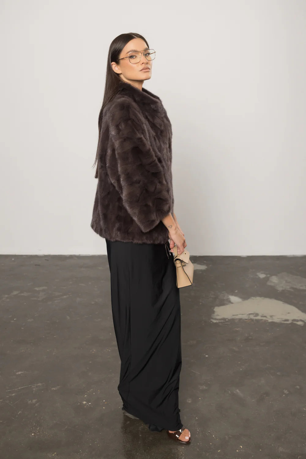 Haină din Blană Naturală de Vizon, Mâneci 3/4, Femei, Purple Brown 400