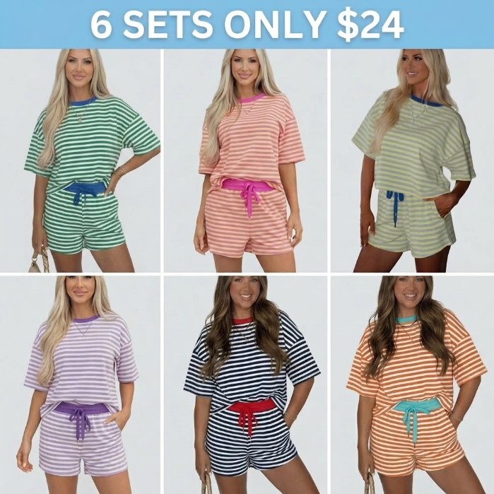 Women's Stripe Drop Shoulder T-Shirt & Short Set