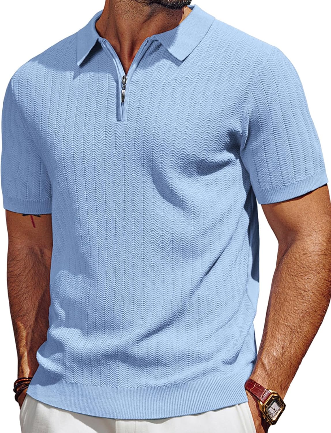 Men's Polo Shirts Quarter Zip Textured Knit Shirts Summer Shirt