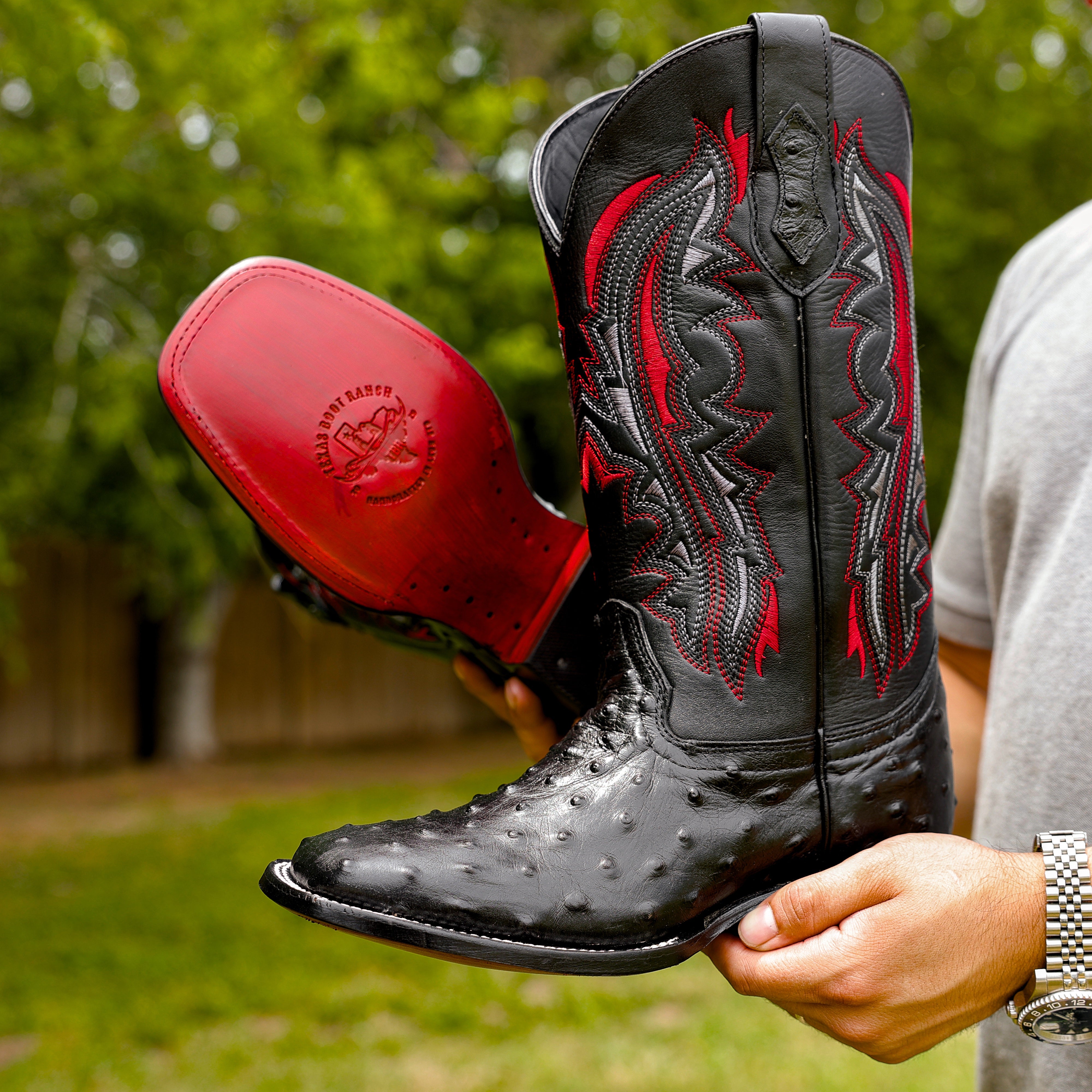 Black Ostrich Leather Boots - Square Toe