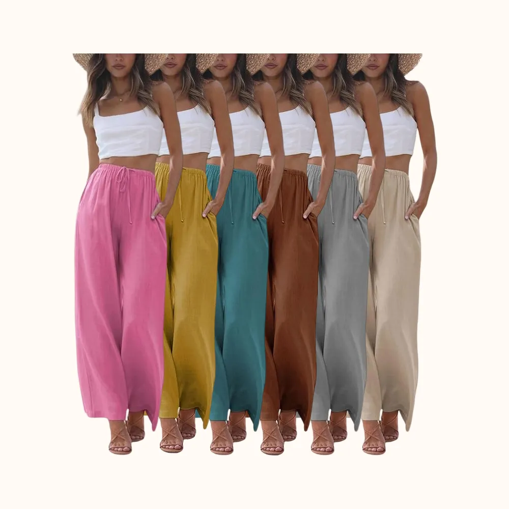 Women's Cotton Linen Summer Palazzo Pants Flowy Wide Leg Beach Trousers with Pockets Casual Womenswear