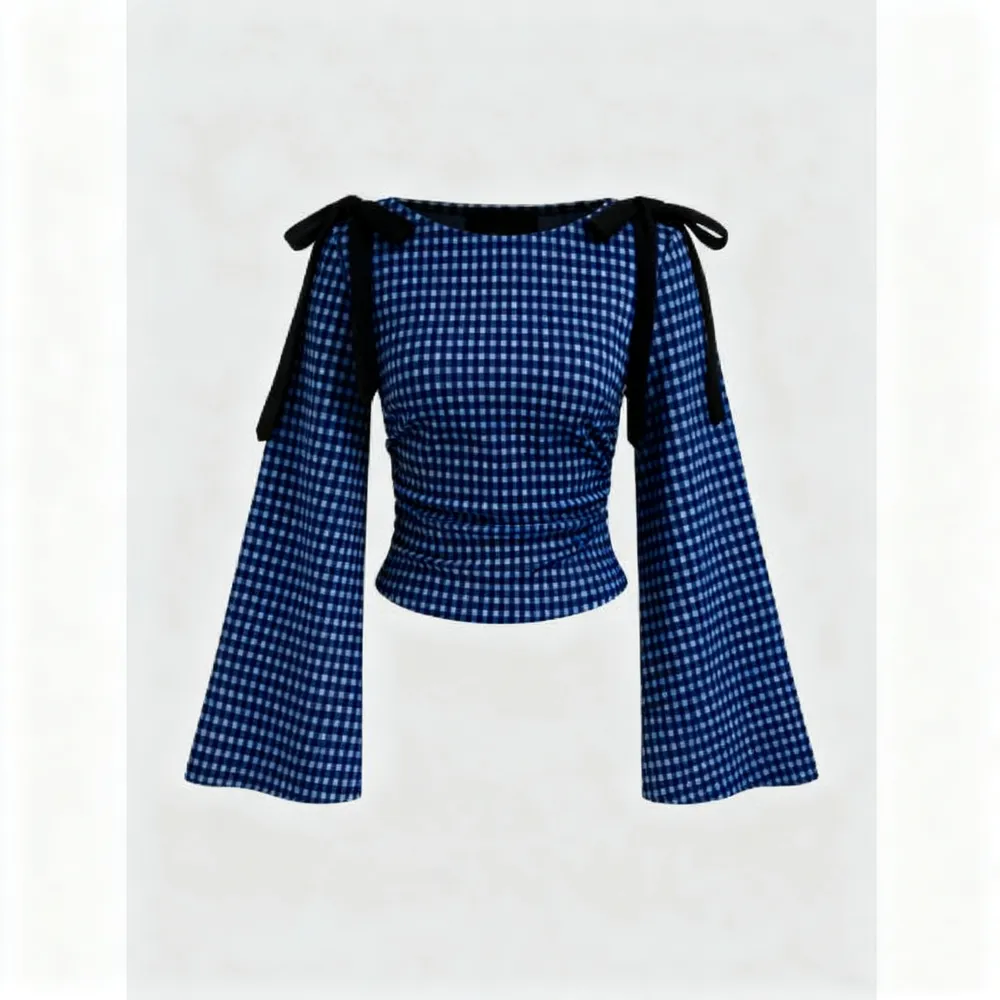 Gingham Bowknot Ruched Long Sleeve Top