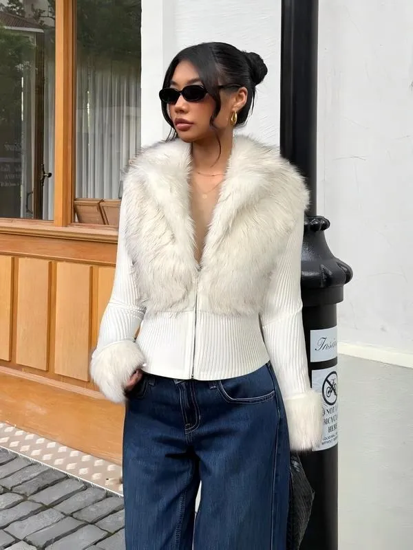 Women's Fashion Street Style Patchwork Knit Faux Fur Jacket