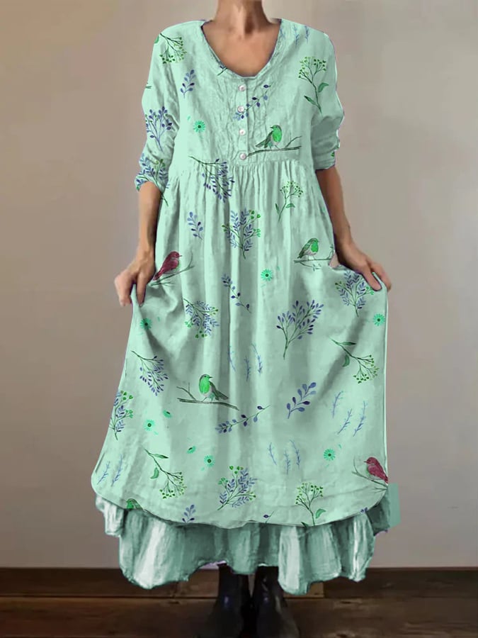 Women's Casual Art Flower And Bird Print Dress- Fast Shipping