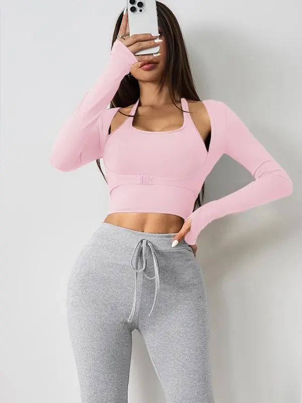 Women's Halter Crop Tank Top & Thumb Hole Sports Tee Set