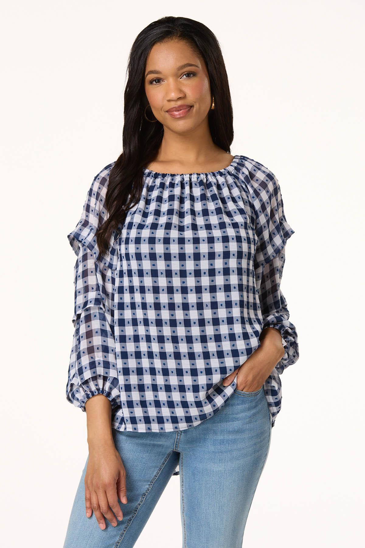 Blue Gingham Off Shoulder Top