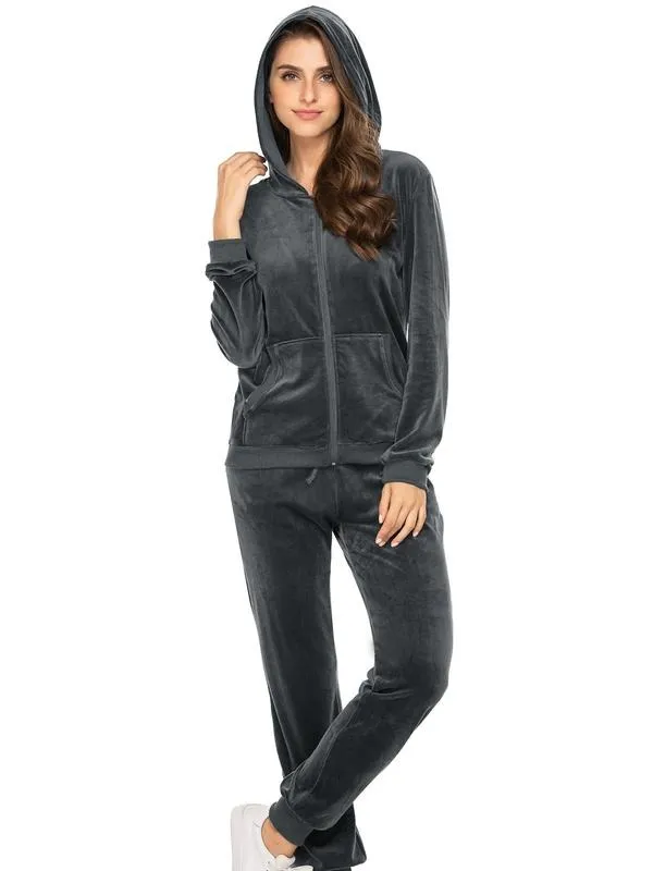 Women's Casual Velour Tracksuit Set Full Zipper Hoodie