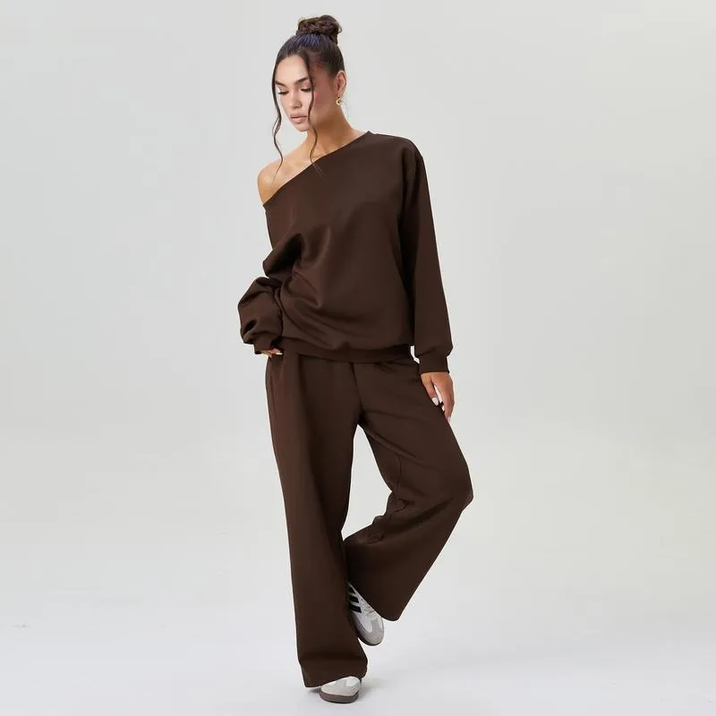 Women's Leisure Solid Color Sloping Shoulder Long Sleeve Top & Wide Leg Trousers Co-ord