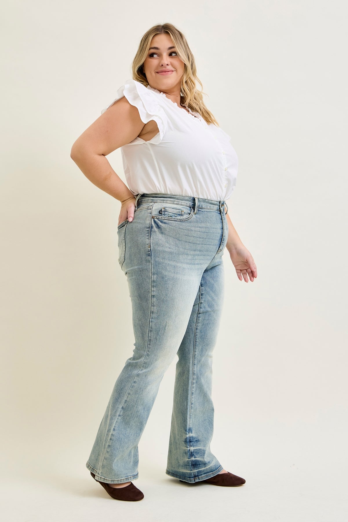 Megan Mid Rise Tinted Pin Tack Detail Flare Jeans - PLUS