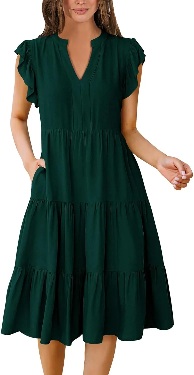 Women's Ruffle Sleeve V-Neck Tiered Midi Dress