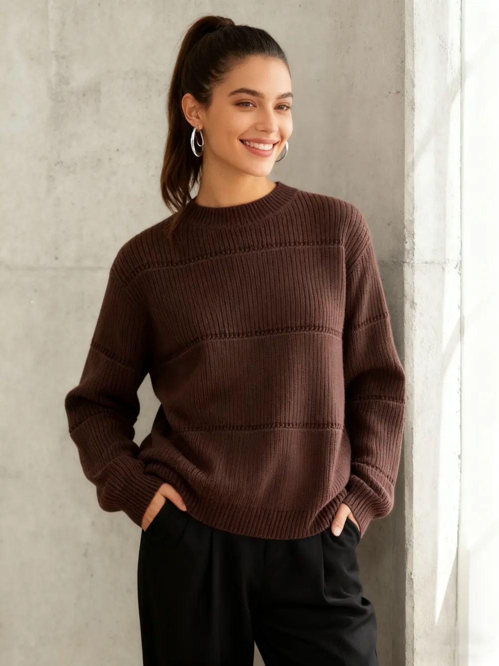 Women's Simple Minimalist Plain Textured Round Neck Sweater