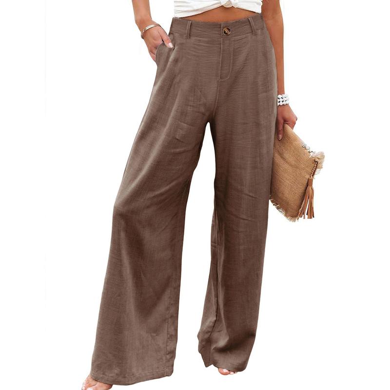 Womens Cotton Linen Pants Casual Button Up High Waisted Wide Leg Trousers Wideleg Loose Womenswear Apricot