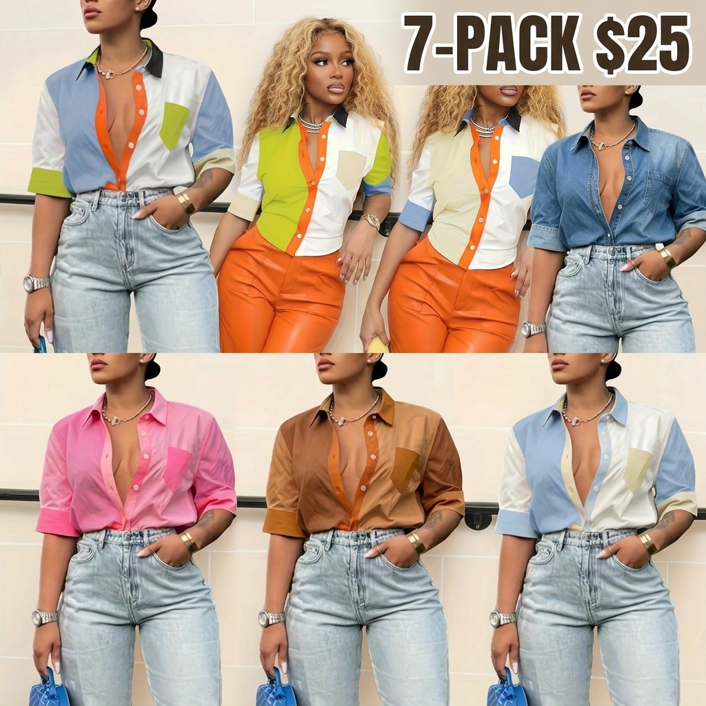 Women's Colorblock Pocket Button Front Shirt, Blouse, Summer Clothes for Women