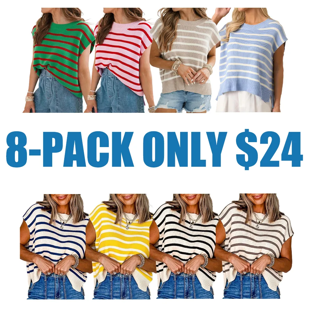 Women's Striped Print Crew Neck Sweater Pullover(Just $3 Each!)