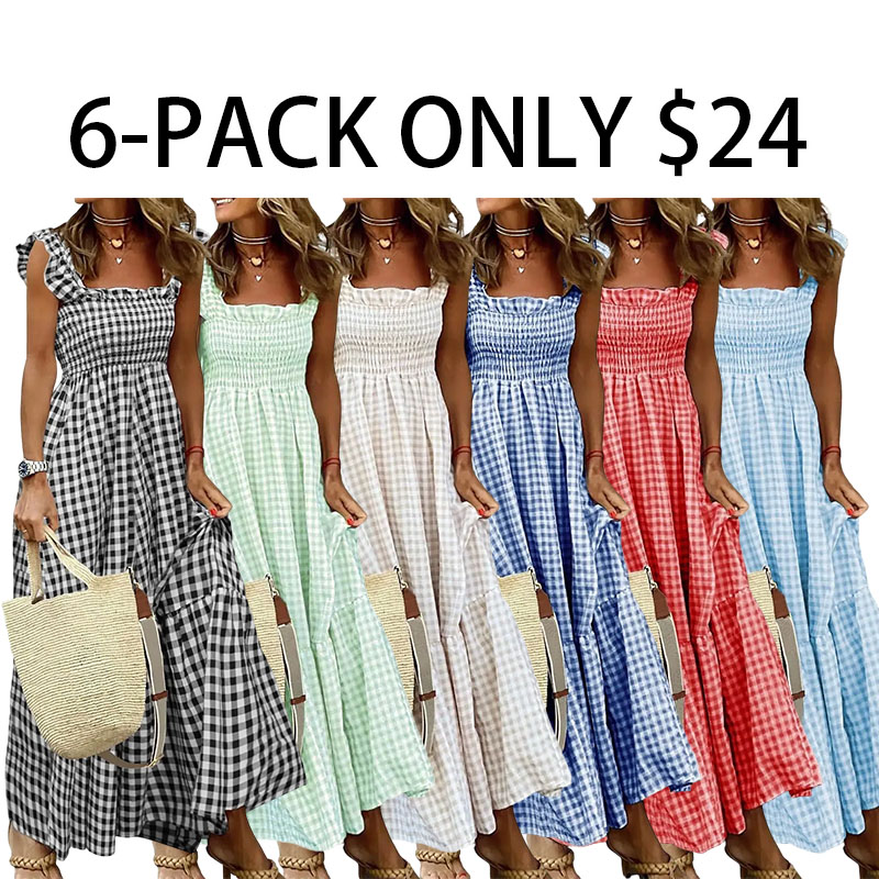 Women's retro plaid pleated sundress with ruffles