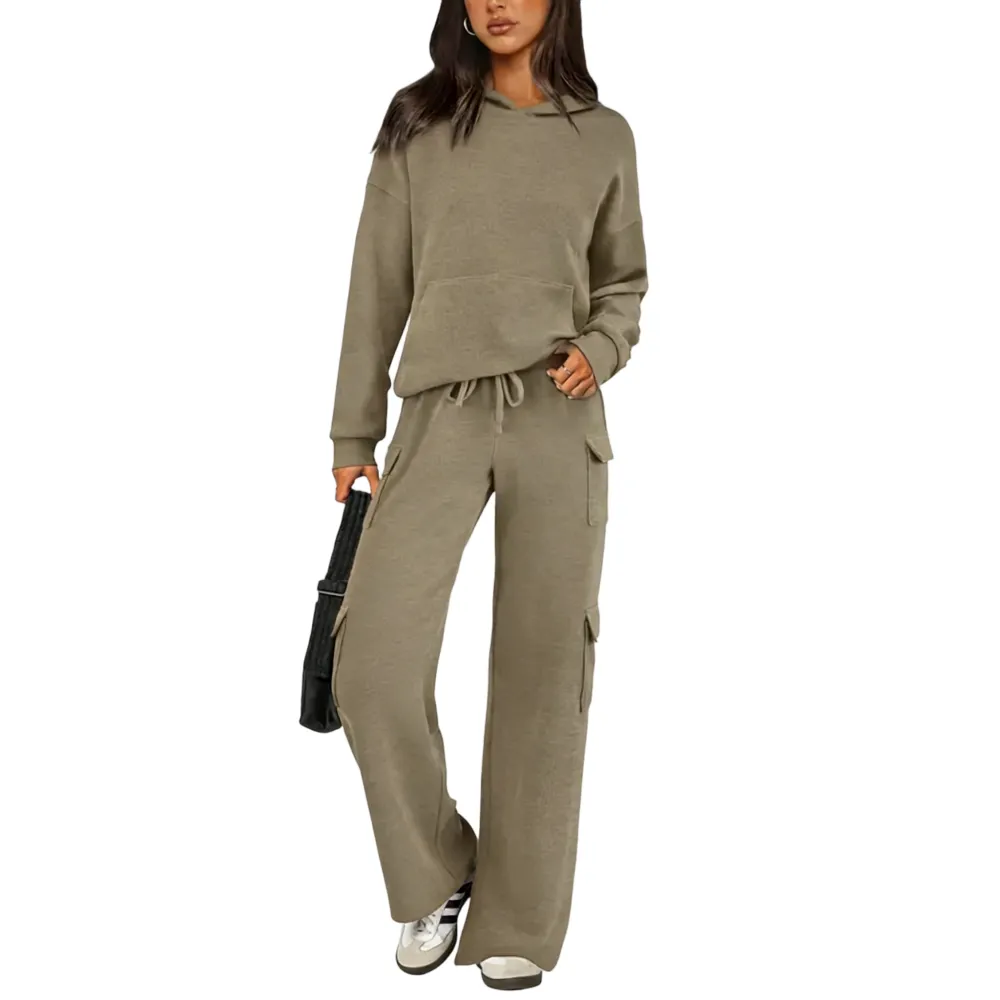 Women’s Casual Knit Tracksuit – Hoodie & Wide Leg Pants with Pockets
