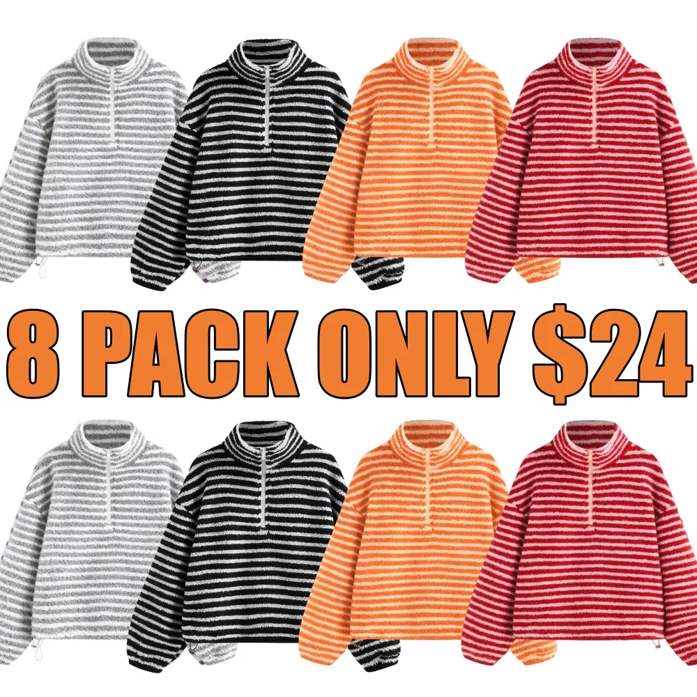 Fleece Stripe Stand Collar Drawstring Half Zip Oversized Sweatshirt