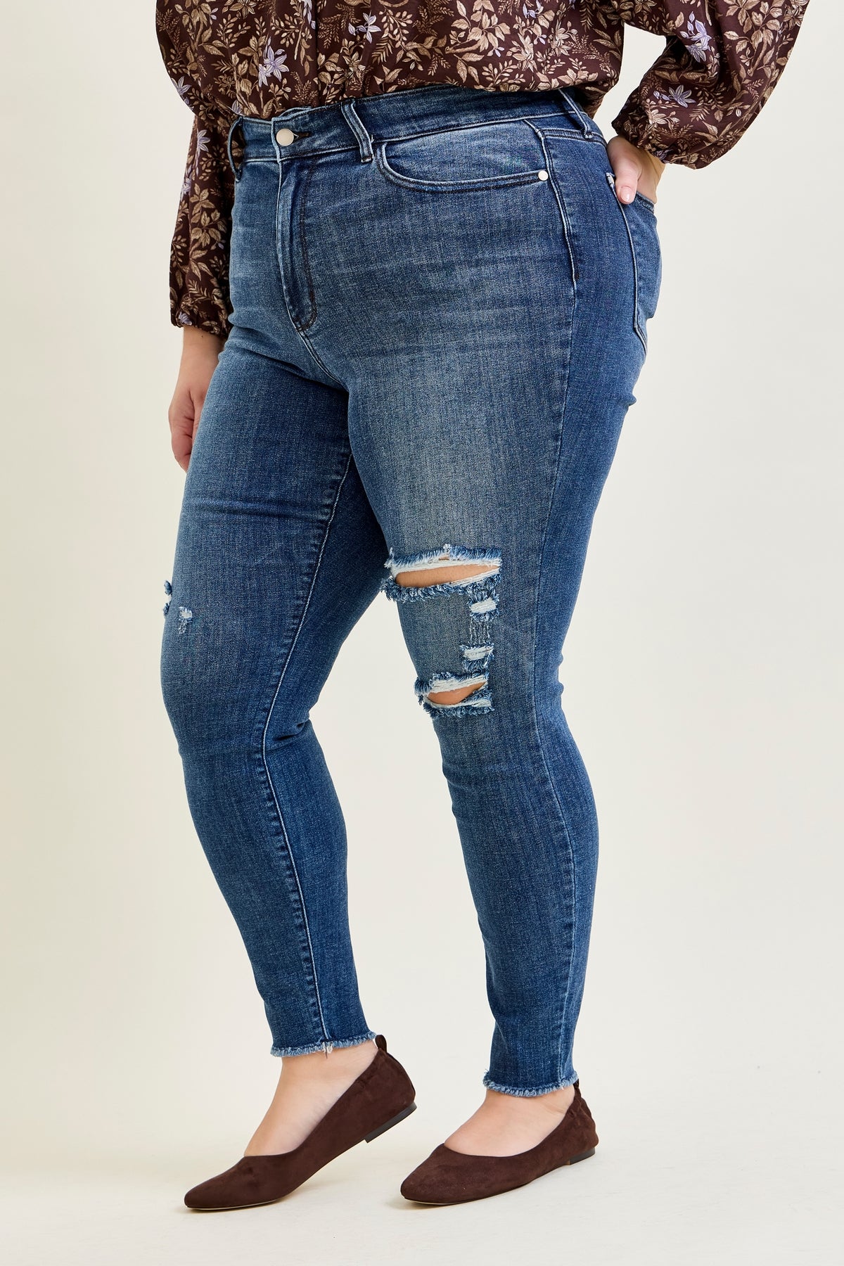 Andrea High Waist Skinny Jeans with Rips - PLUS
