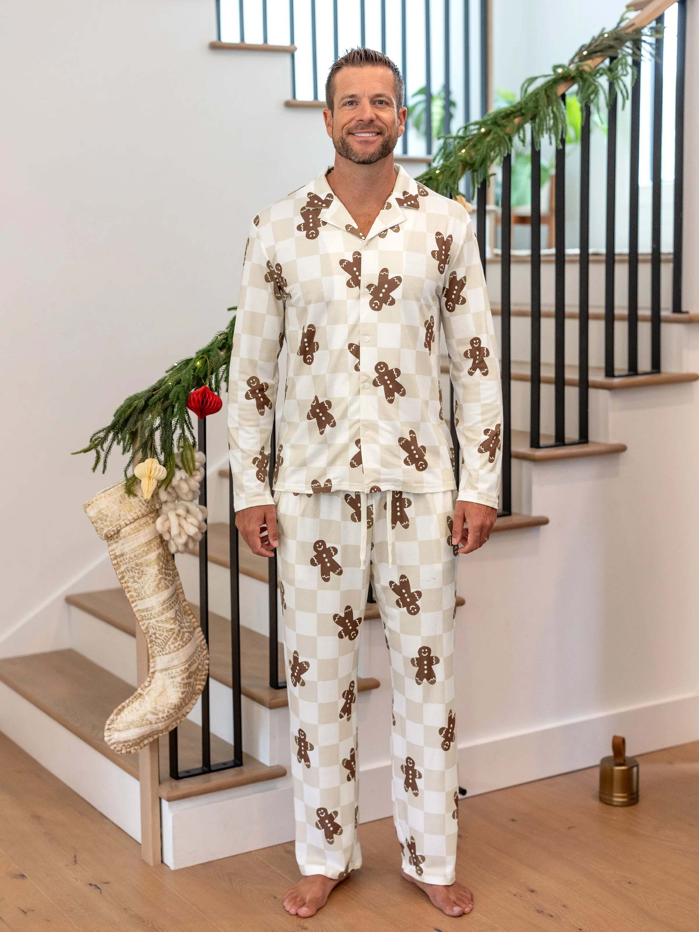 Christmas Matching Family Pajamas Set Block checkered Gingerbread Print PJS with Christmas Socks Khaki