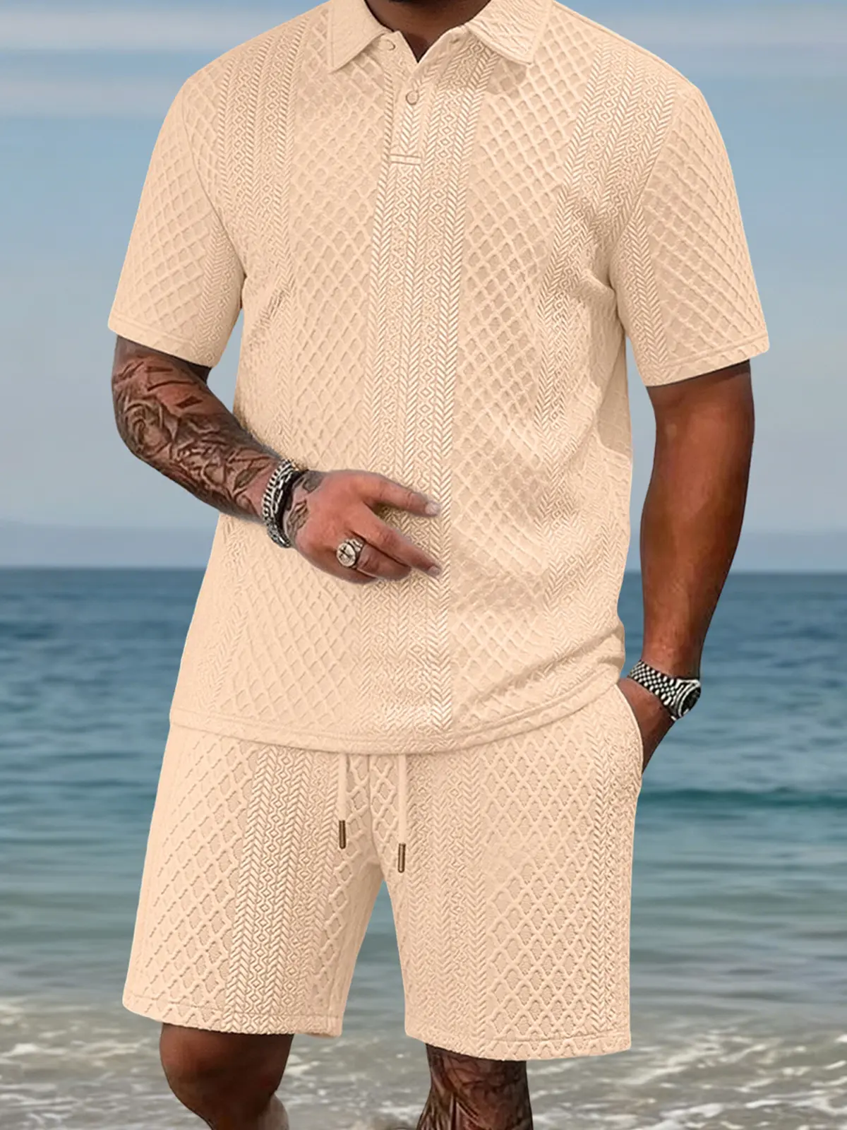 Men's summer casual texture fabric solid color polo shirt T-shirt shorts 2-piece set