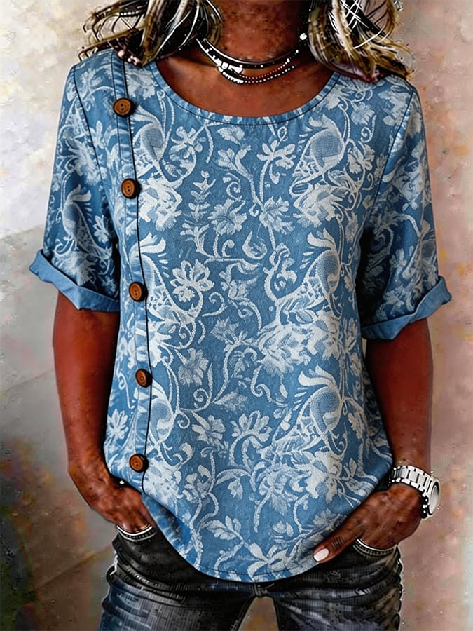 Women's Casual Denim Jacquard Short-Sleeve Top