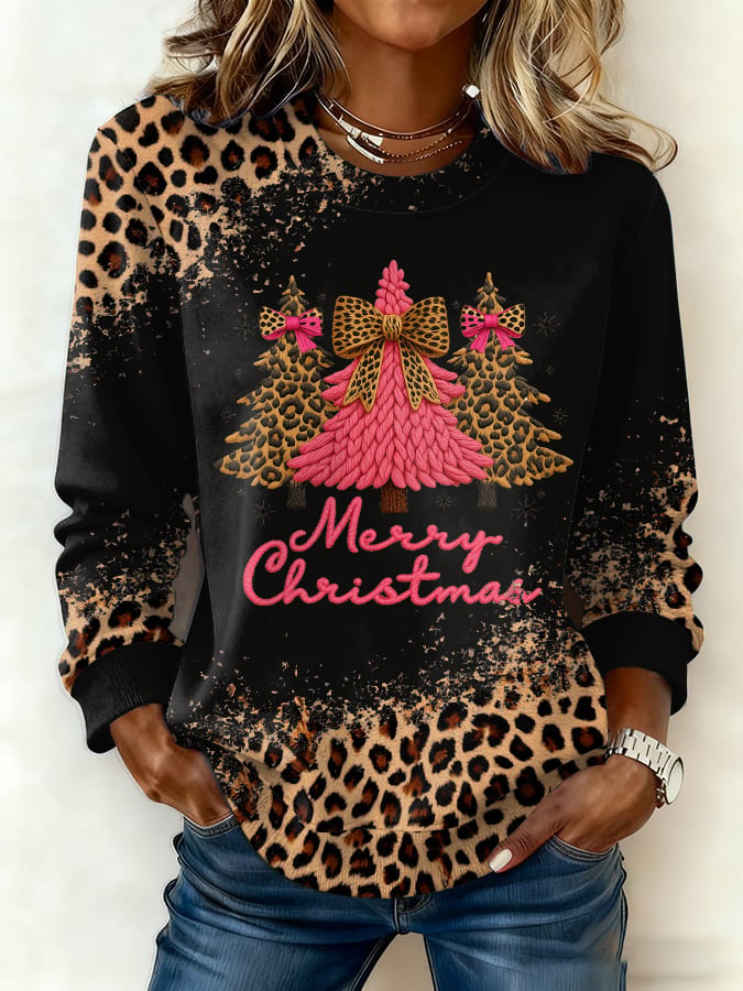 Women's Retro Western Leopard Print Christmas Print Casual Crew Neck Sweatshirt