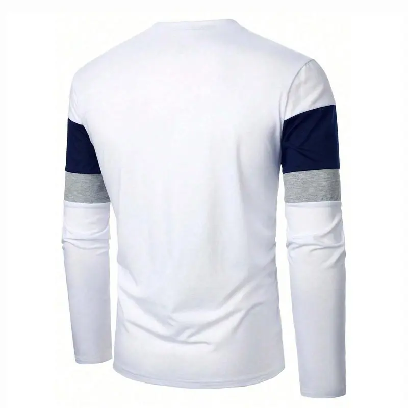 A new autumn and spring color-blocked business style men's casual printed long-sleeved T-shirt top