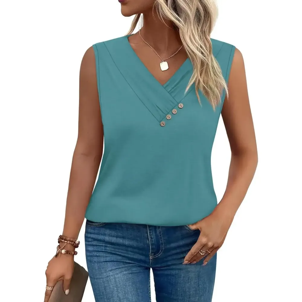 Women Summer Button Down V Neck T Shirts Sleeveless Loose Fit Fashion Tops