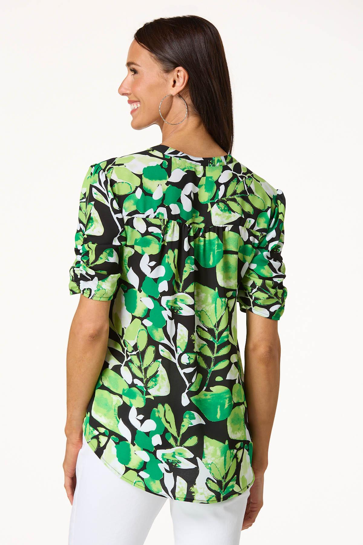 Green Leafy Ruched Sleeve Top