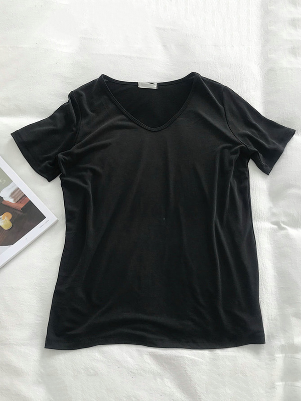 Solid Color Loose Short Sleeves U-Neck T-Shirts Tops