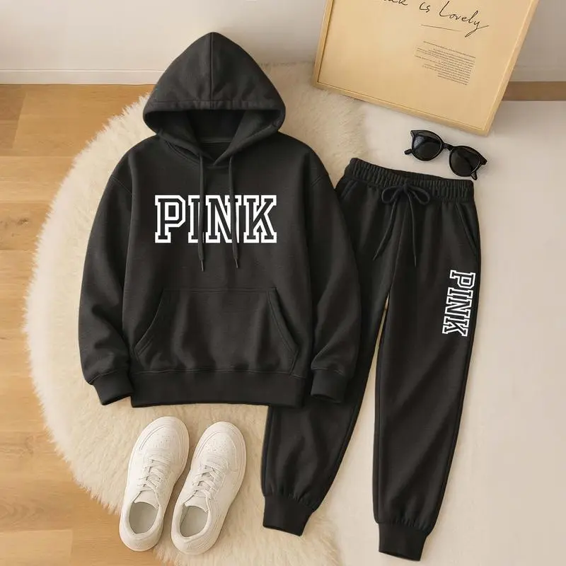 Women's Pink Print Hoodie And Drawstring Track Pants Set, Casual Sportswear