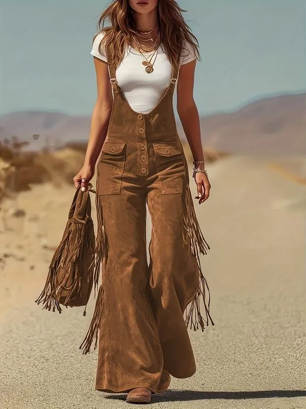 Women's Retro Faux Suede Fringe Wide-Leg Cargo Pants