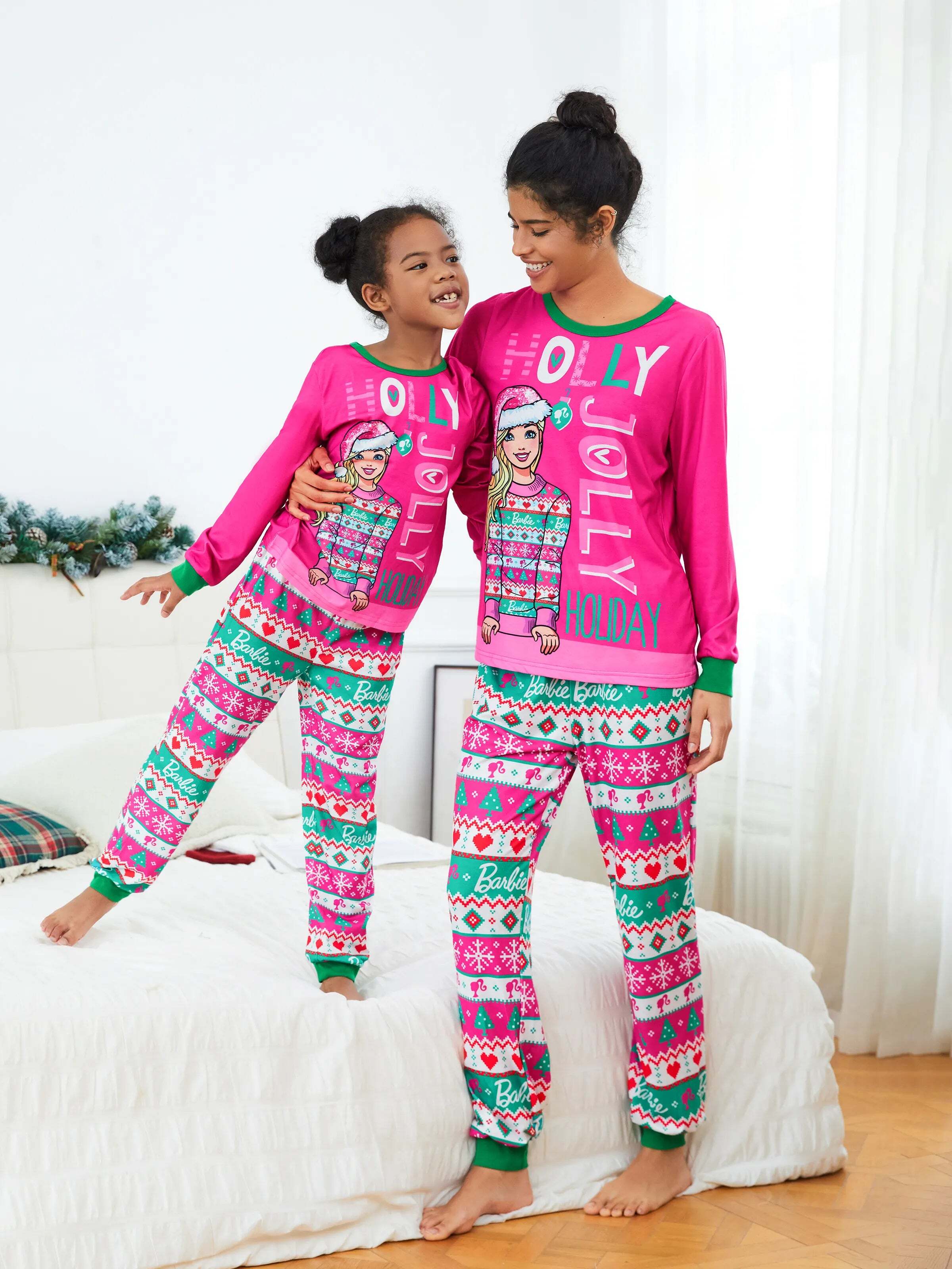 Barbie Mommy and Me Christmas Long-sleeve Graphic Print Pajamas Sets with Christmas Socks