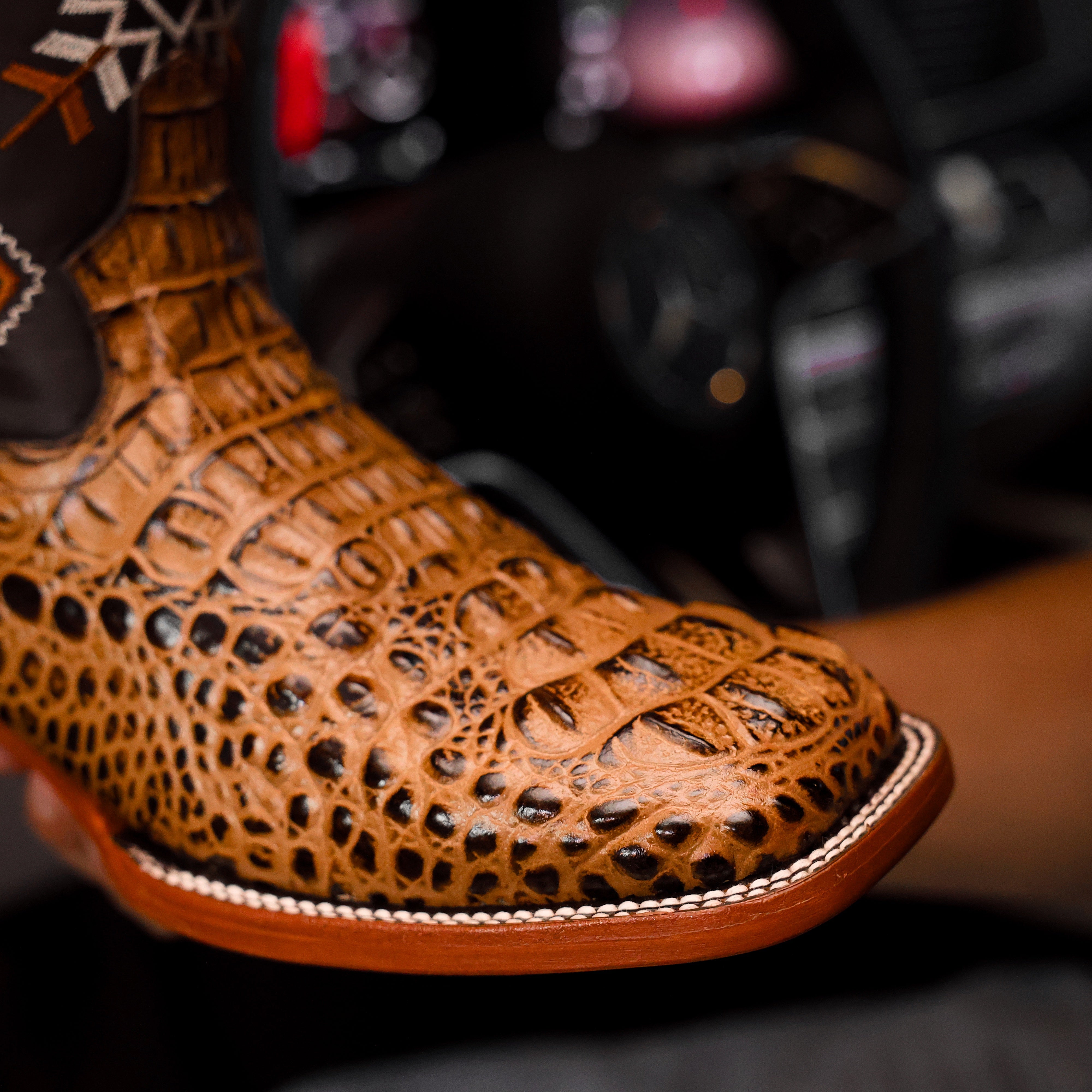 Honey Caiman Neck Leather Boots - Square Toe