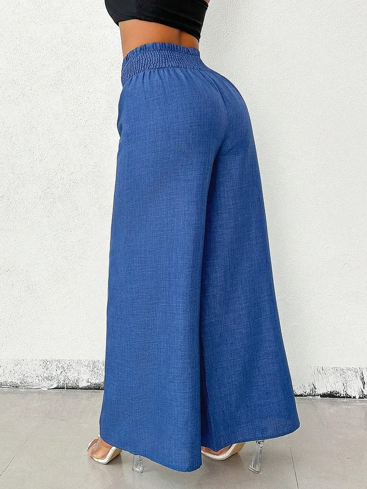 Women's Solid Color High-Waisted Pants, Stretchable Loose-Fitting Wide-Leg Trousers