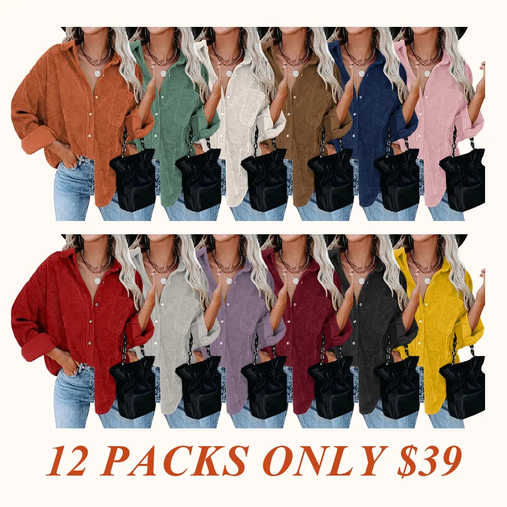 Women's Plain Pocket Button Front Corduroy Shirt