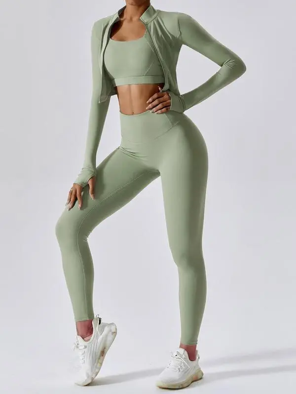 Women's Solid Criss Top & High Waist Leggings & Jacket Set